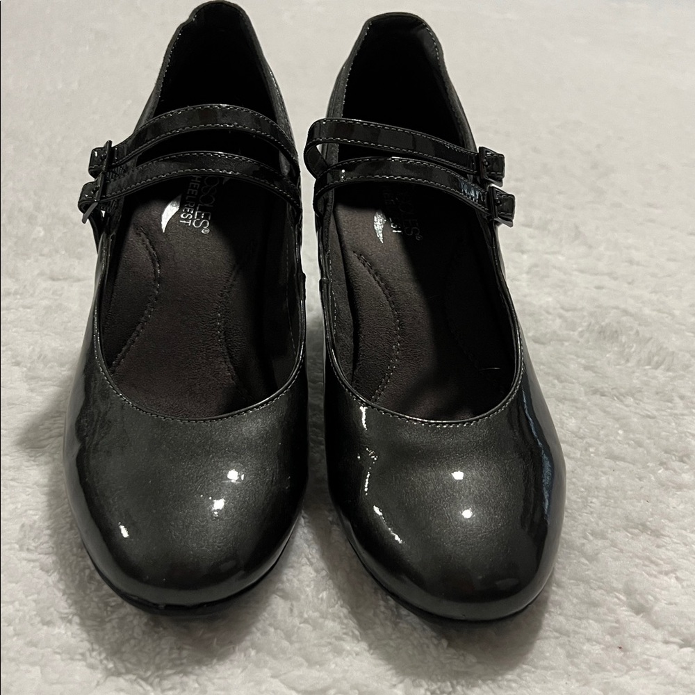 Aerosoles Heelrest Metallic Grey Patent Leather Womens Mary Jane‎ Shoes Size 9